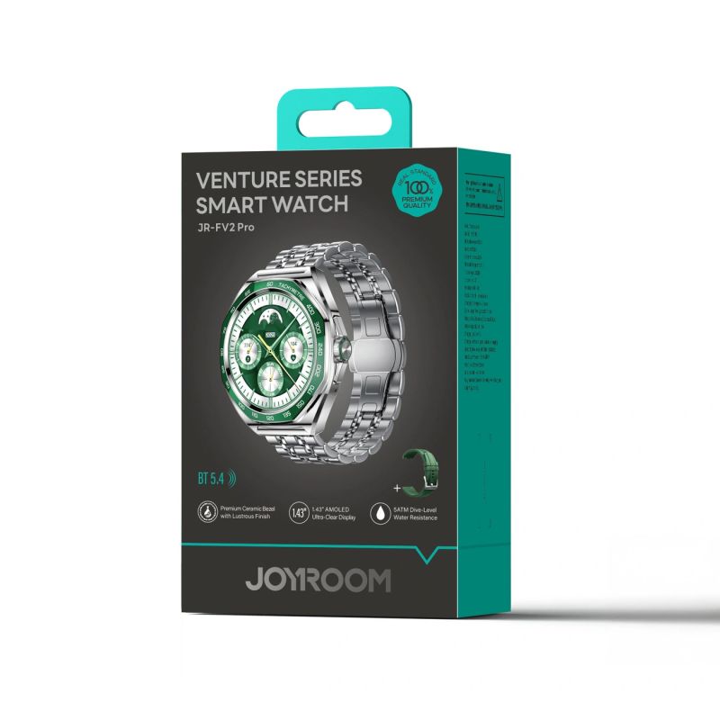 Joyroom Venture Series JR-FV2 Pro okosóra fekete és türkizkék gyári doboza és csomagolása az óra képével