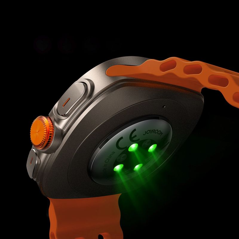 Joyroom Venture Series JR-FV2 sport okosóra narancssárga szilikonszíjjal, hátulnézetből a zöld fénnyel világító optikai pulzus- és véroxigénszint-mérő szenzorral