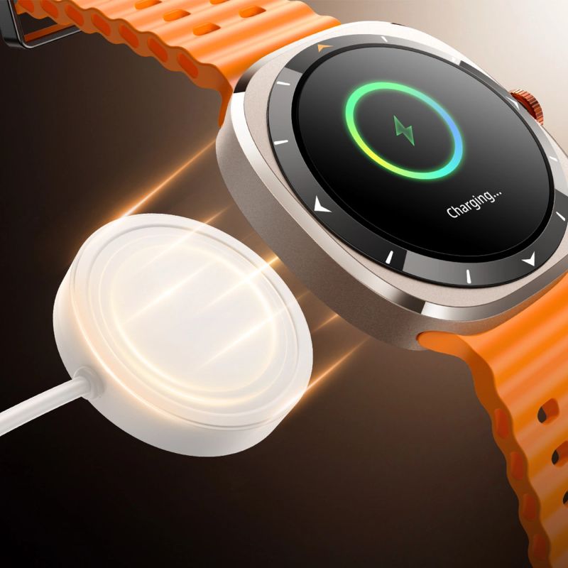 Joyroom Venture Series JR-FV2 sport okosóra narancssárga szíjjal mágneses vezeték nélküli töltés közben, a képernyőn töltési animációval