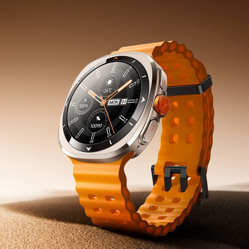 Joyroom Venture Series JR-FV2 sport okosóra narancssárga bordázott szilikonszíjjal és ezüstszínű tokozással, háromnegyedes oldalnézetből, meleg tónusú dizájnháttér előtt