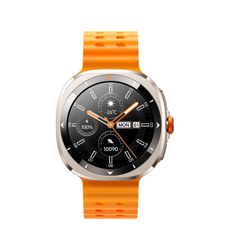 Joyroom Venture Series JR-FV2 sport okosóra hívásfogadási funkcióval, narancssárga perforált szilikonszíjjal, szemből nézve, analóg stílusú fekete sport számlappal