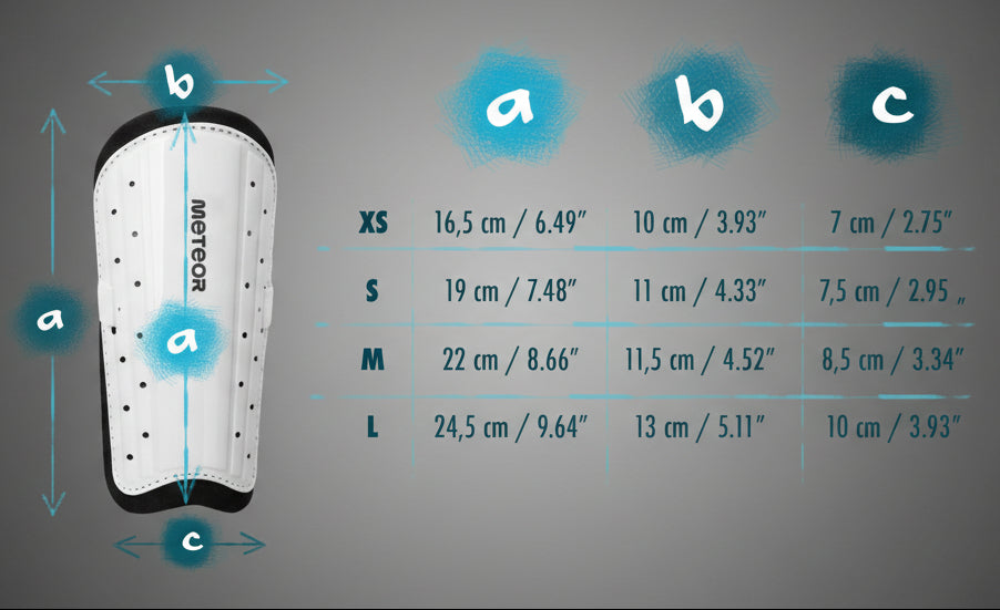 Meteor futball sípcsontvédő mérettáblázat XS, S, M és L méretekkel centiméterben megadva.