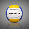 Meteor Sand Pro strandröplabda hivatalos méretben és súlyban, kék-sárga-fehér kialakítással, puha PVC borítással.