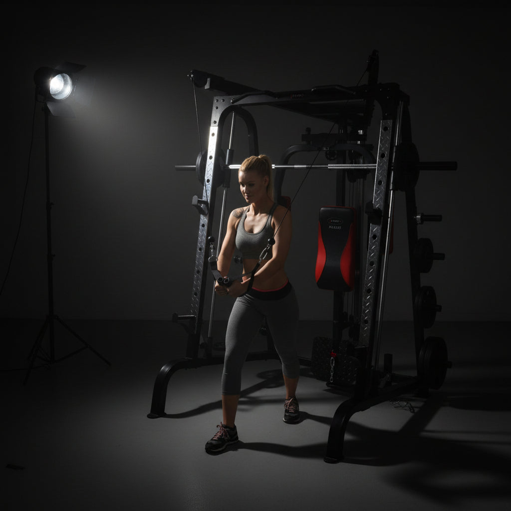 Női sportoló csigás gyakorlatot végez multigym edzőgépen edzőteremben