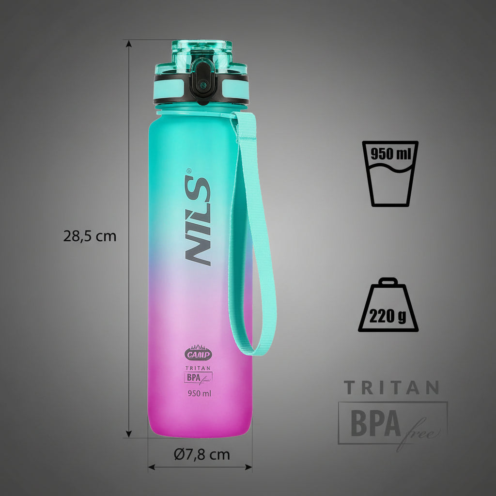 NILS NCD04 950 ml sportkulacs méretei: 28,5 cm magasság, 7,8 cm átmérő, 220 g súly.