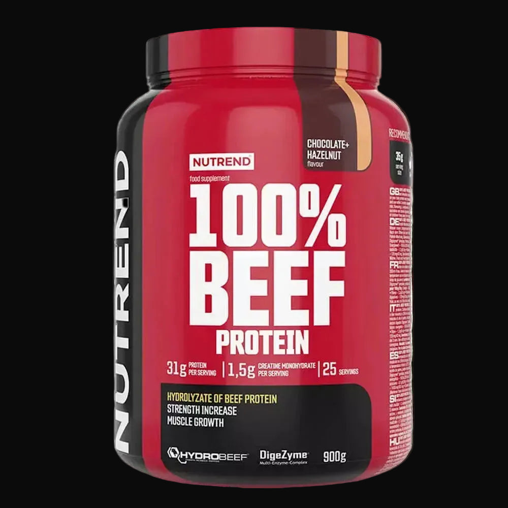 Nutrend 100% Beef Protein 900g csoki-mogyoró ízű fehérjepor sportolóknak.
