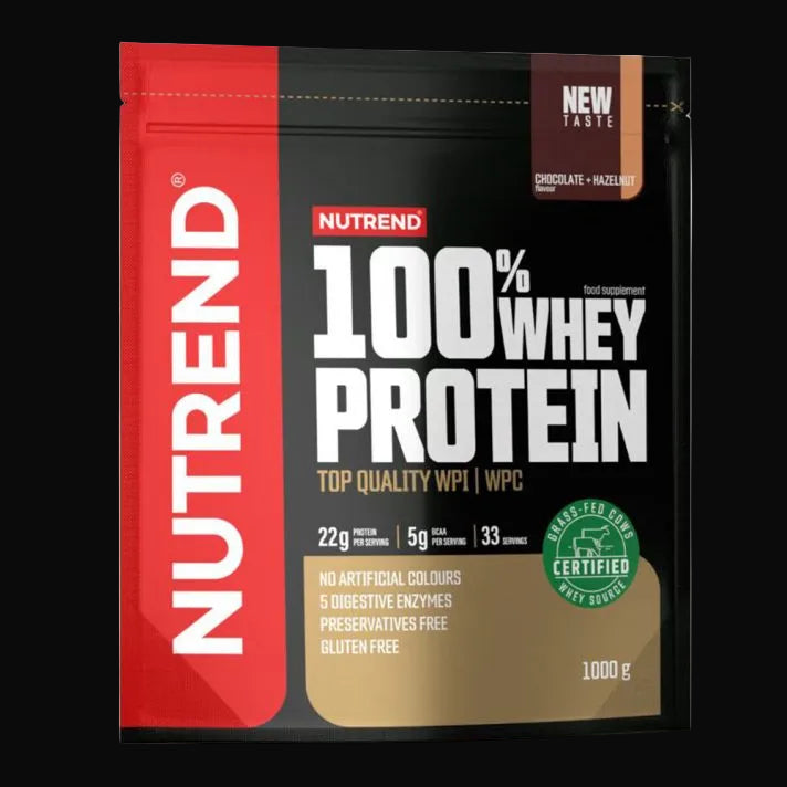 1000 grammos Nutrend 100% Whey Protein fehérje por - visszazárható tasakos csoki-mogyoró íz.