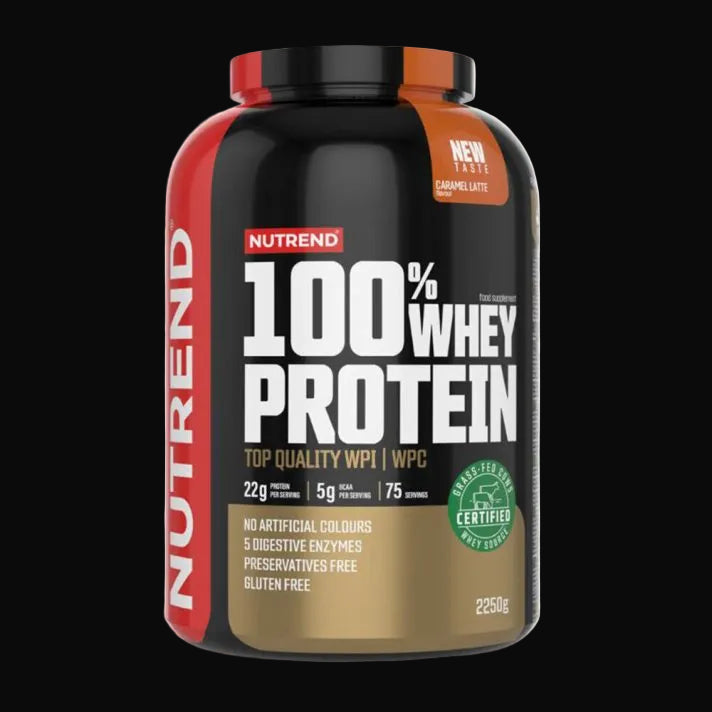 2250 grammos Nutrend 100% Whey Protein fehérje por sportolóknak - karamellás tejeskávé íz.
