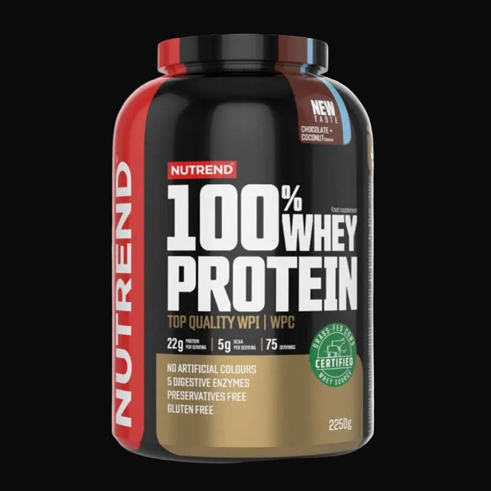 2250 grammos Nutrend 100% Whey Protein fehérje por sportolóknak – kókuszos-csokoládés íz.