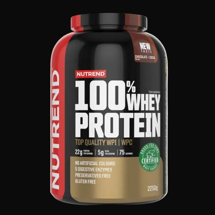2250 grammos Nutrend 100% Whey Protein fehérje por sportolóknak - csokis keksz íz.