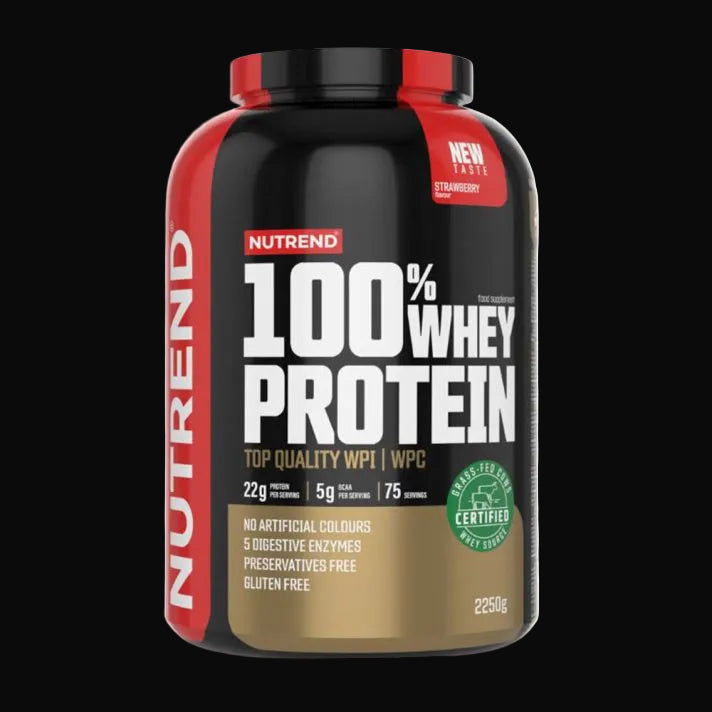 2,25 kg-os Nutrend 100% Whey Protein fehérje por sportolóknak - epres íz.