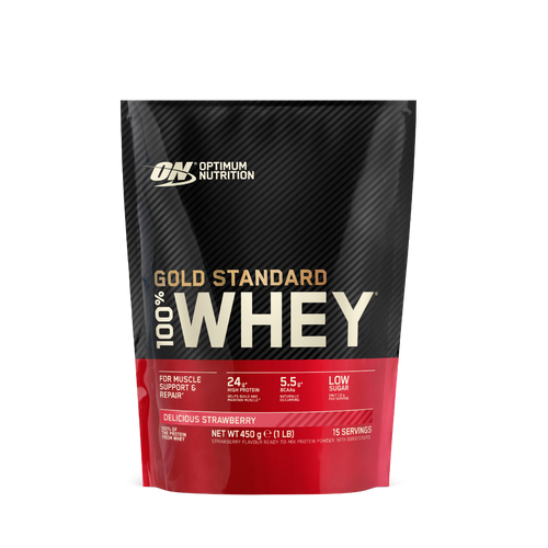 Optimum Nutrition Gold Standard 100% Whey fehérjepor 450 g eper ízesítés, prémium tejsavófehérje izomépítéshez