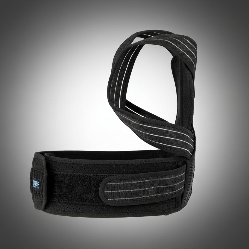 Állítható tartásjavító heveder oldalnézetben, tépőzáras rögzítéssel és ergonomikus kialakítással.