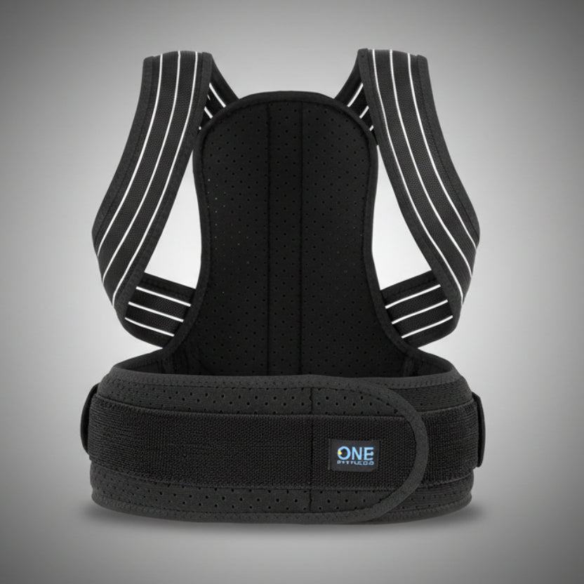 Tartásjavító heveder hátulnézetben, fekete színben, állítható vállpántokkal és derékrögzítő résszel.