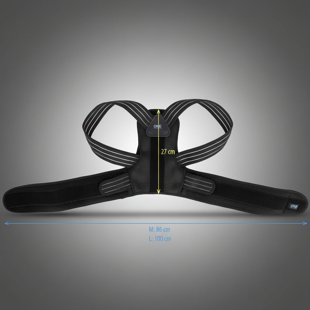 Tartásjavító heveder kiterített állapotban méretjelöléssel, M és L hosszméretekkel.