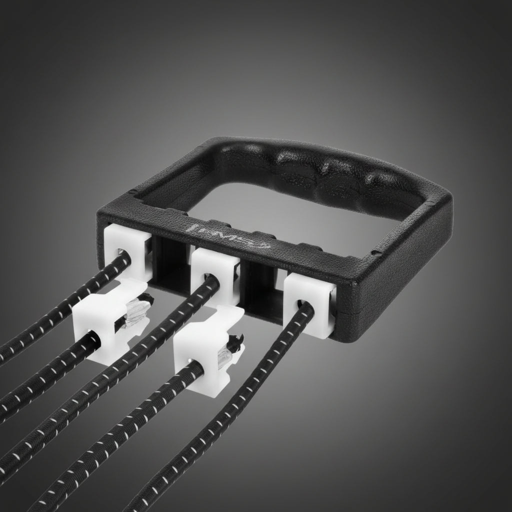 Az állítható nehézség mechanizmusa közelről: könnyen kivehető és visszarakható gumiszálak a fokozatos terhelésnöveléshez.