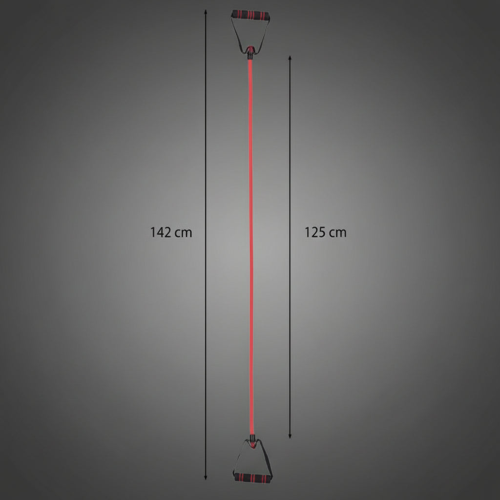 A gumikötél pontos méretei: 125 cm hosszú rugalmas kötélrész (teljes hossz 142 cm) a széles mozgástartományért és nyújtásokhoz.