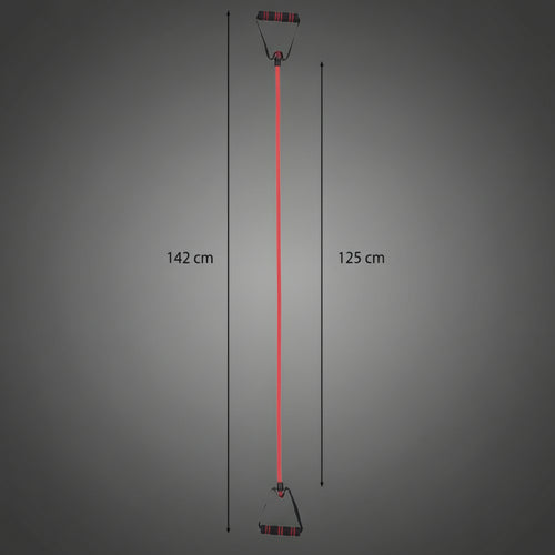 A gumikötél pontos méretei: 125 cm hosszú rugalmas kötélrész (teljes hossz 142 cm) a széles mozgástartományért és nyújtásokhoz.