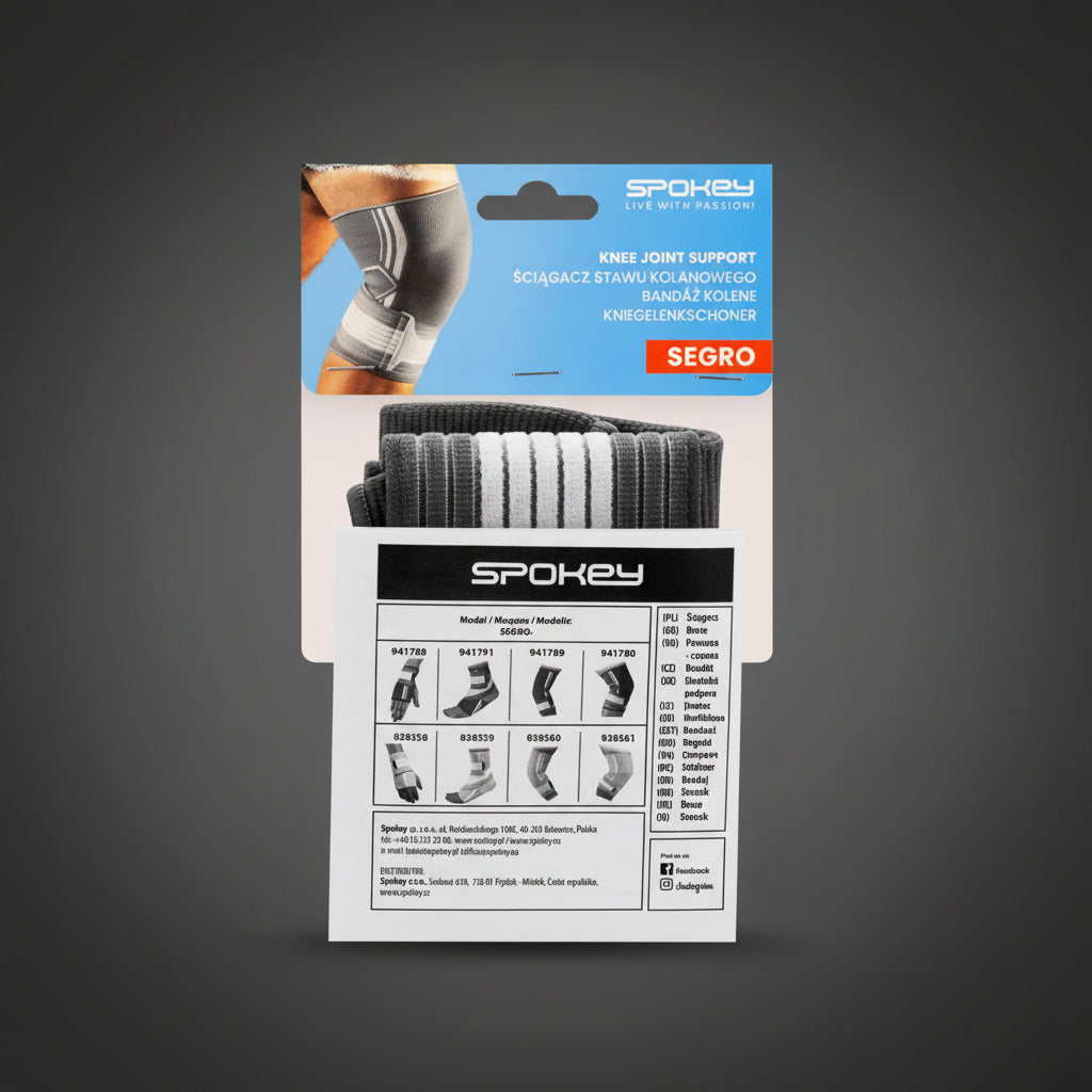 Spokey SEGRO kompressziós térdrögzítő hivatalos csomagolása és típusválasztéka - minőségi ízületvédő eszközök technikai adatlapja boka, térd és csukló stabilizálásához az Ifitcore webshopban.