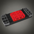 Állítható fitness step pad alsó szerkezete piros emelő elemekkel és csúszásmentes rögzítéssel

