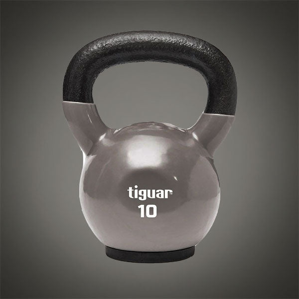 Tiguar 10 kg-os szürke kettlebell kényelmes fogantyúval és gumírozott talppal, professzionális súlyzós edzéshez és zsírégetéshez.