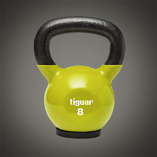 Tiguar 8 kg-os olívazöld vinyl bevonatú kettlebell padlóvédő gumitalppal