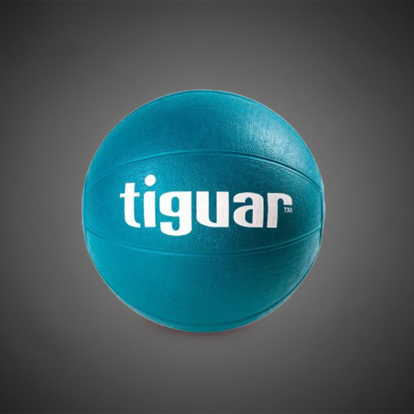 A teal blue Tiguar 2kg medicine ball with a textured surface and the white company logo, isolated on a studio background.