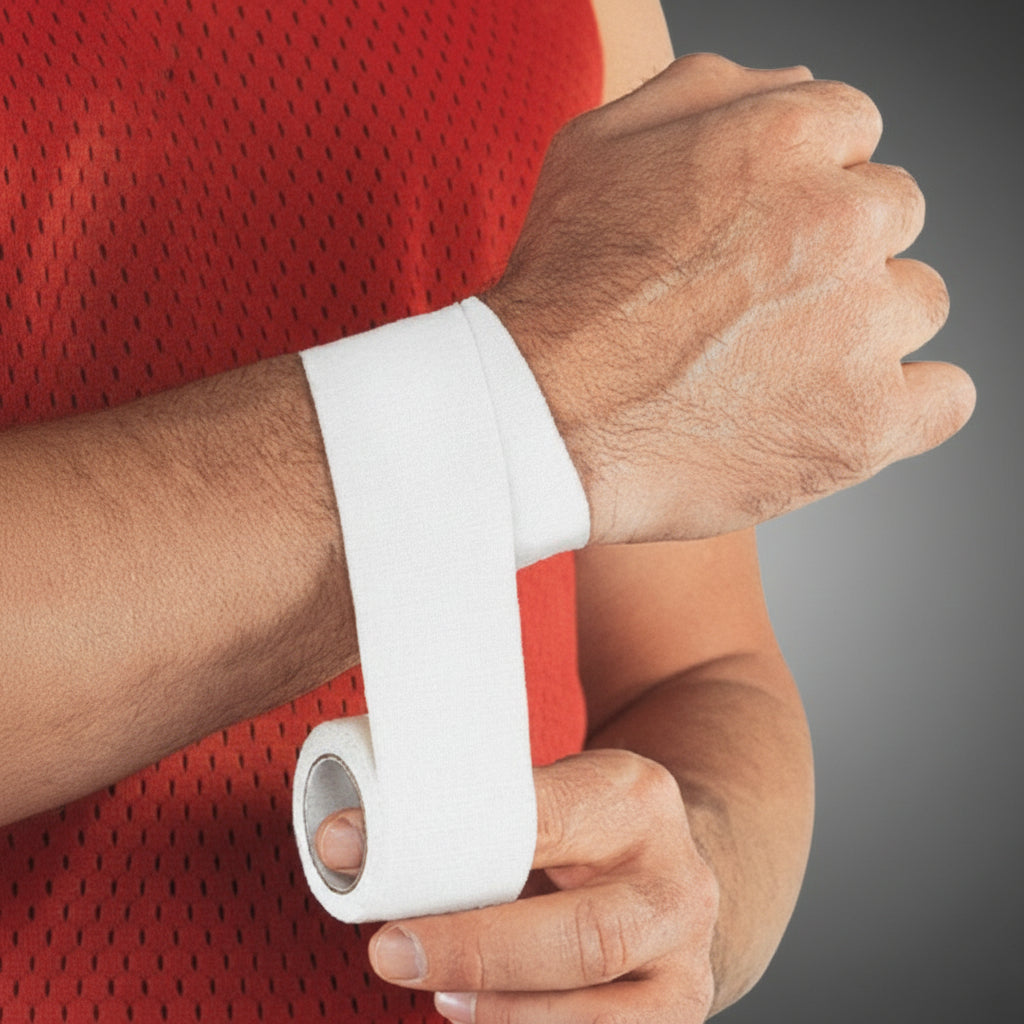 Fehér merev sporttapasz felhelyezése csuklóra - stabilizáló és rögzítő atletikai szalag sportolóknak az ízületek védelmére és sérülések megelőzésére az Ifitcore kínálatában.