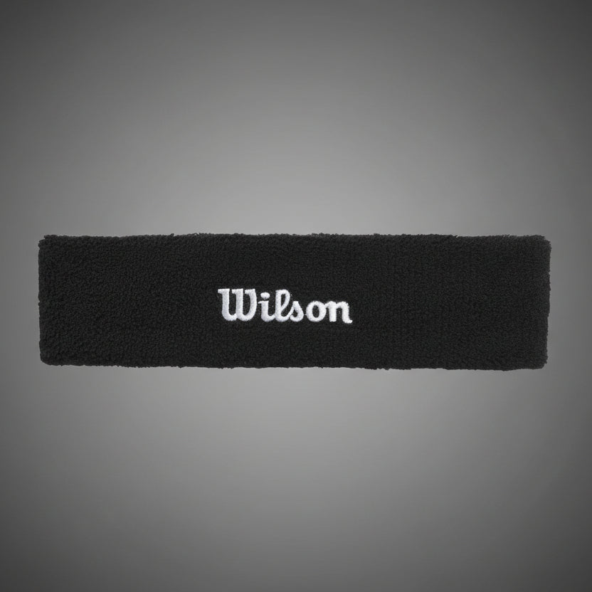 Wilson fekete frottír fejpánt fehér hímzett logóval teniszezéshez és sporthoz