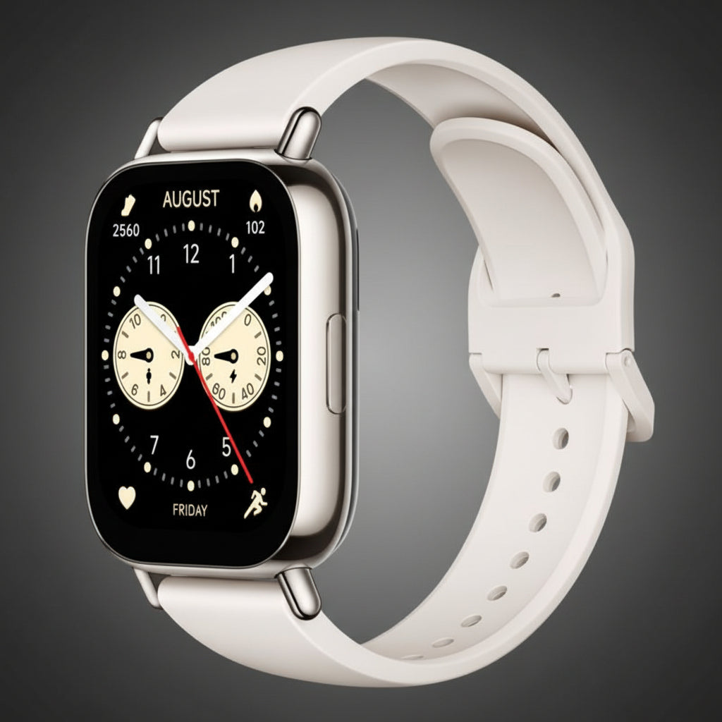 Xiaomi Redmi Watch 5 Lite arany tokos okosóra fehér TPU szíjjal oldalnézetben